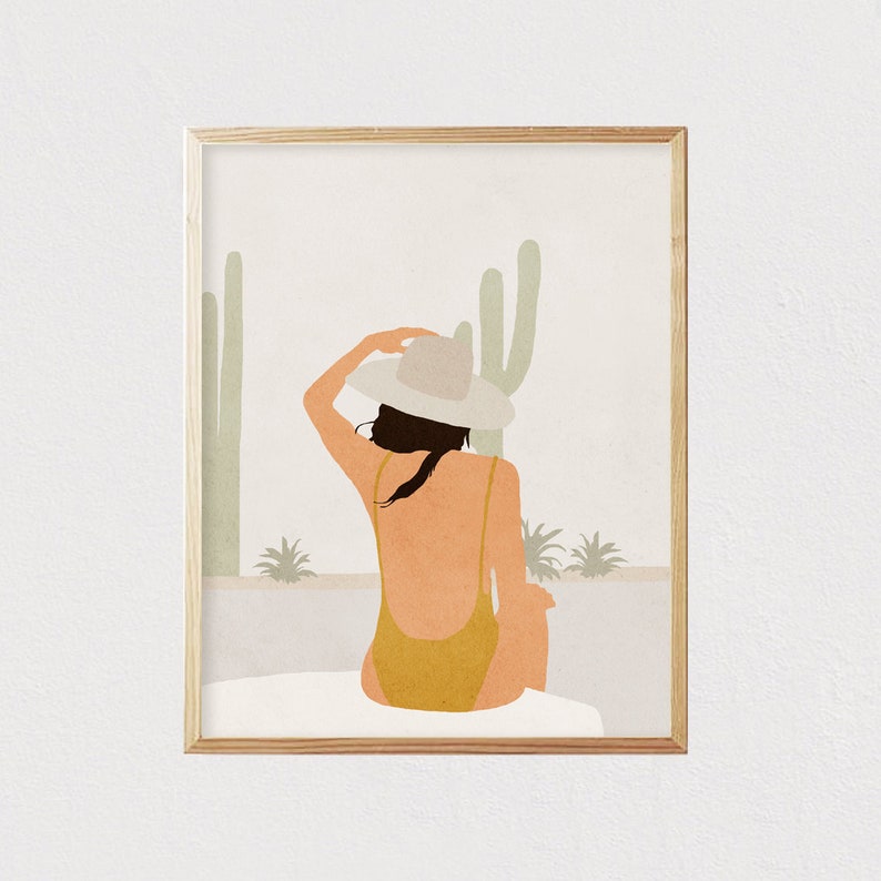 Modern art-DIGITAL DOWNLOAD 16x20 Abstract mid century boho woman in hat Botanical Plants Cacti Minimal modern art Female portrait
