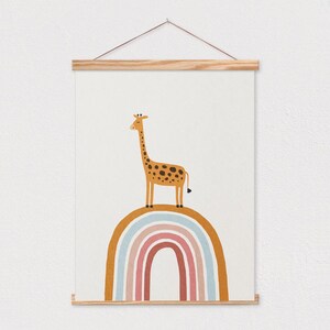 May include: A brown and yellow giraffe stands on top of a rainbow with blue, pink, and orange stripes. The rainbow is on a white background.