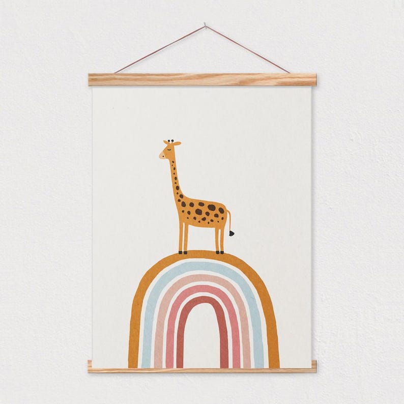 May include: A brown and yellow giraffe stands on top of a rainbow with blue, pink, and orange stripes. The rainbow is on a white background.