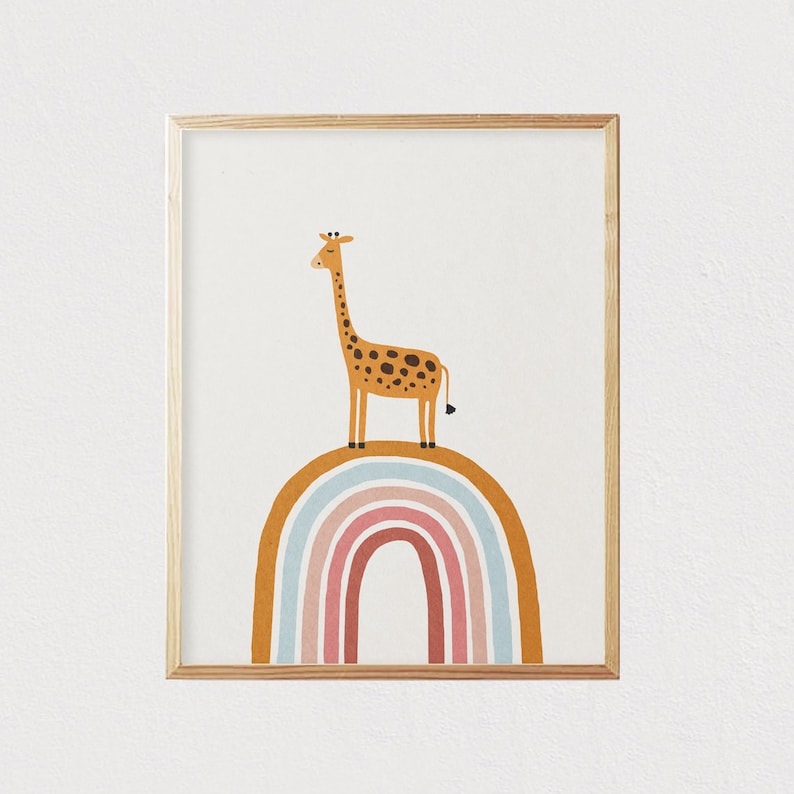 May include: A framed print of a giraffe standing on a rainbow. The giraffe is brown with dark spots and has a long neck. The rainbow is multi-colored with shades of blue, pink, and orange.
