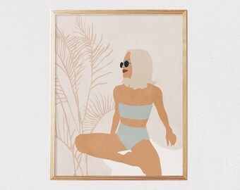 May include: A digital illustration of a person wearing a light blue swimsuit and sunglasses, sitting in front of a beige background with brown palm leaves.