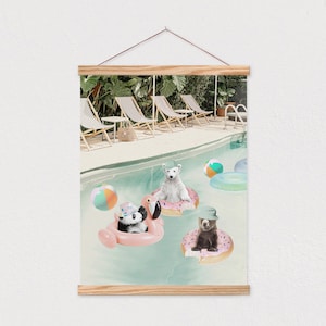 Baby animals in swimming pool Swimming rings Neutral art - Animal adventures print - Funny Cute animals - Nursery - DIGITAL DOWNLOAD 16x20