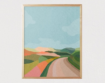 Abstract landscape field print - Mid century modern wall art - Illustration decor - Room interior decor  - DIGITAL DOWNLOAD 16x20