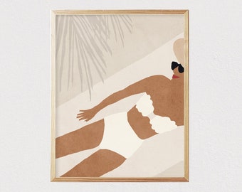 May include: A digital illustration of a person wearing a white swimsuit and sunglasses, lying on a beach with palm leaves in the background.