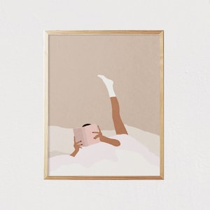 Reading book - Good morning in the bed Abstract mid century boho girl - Hands with book - Modern art - Female art - DIGITAL DOWNLOAD 16x20