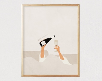 Good morning Abstract mid century boho girl - Hands with champagne wine bottle - Minimal modern art - Female art - DIGITAL DOWNLOAD 16x20