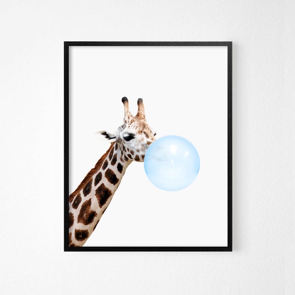 Giraffe blue bubble gum art digital print - Funny kids art - Nursery room interior decor - Modern print interior - DIGITAL DOWNLOAD 16x20
