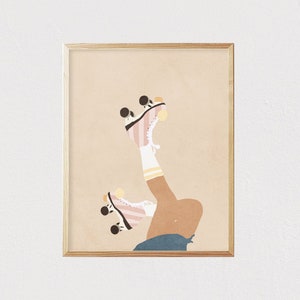 May include: A digital illustration of a person wearing pink and white roller skates with yellow accents. The person's legs are in the air, and the skates are facing upwards. The background is a light beige color.