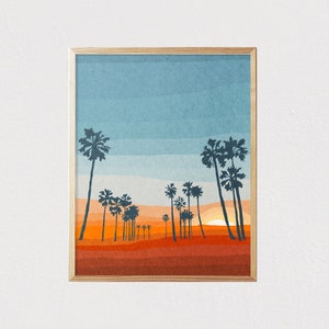 California palms sunset Beach art print - Mid century landscape modern art - Landscape Illustration interior décor - DESCARGA DIGITAL 16x20