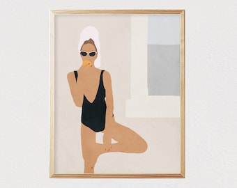 May include: A digital illustration of a woman in a black swimsuit and a white towel on her head, standing with one leg crossed behind the other, holding a piece of fruit in her hand and wearing sunglasses.