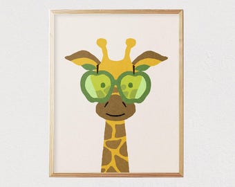 Giraffe apple sunglasses print - Mid century modern kids - Children's art - Kids room decor - Nursery room decor - DIGITAL DOWNLOAD 16x20