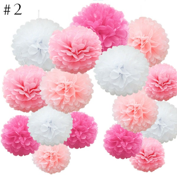 16 Pack Tissue Paper Pom Poms Flower Balls (White, Pink, Hot Pink) Wedding Baby Shower Birthday Party Hanging Decorations
