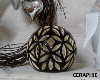 11cm Windlicht aus Keramik mit symmetrischem Muster  schwarz