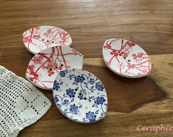 9x7cm kleine ovale Seifenschale mit Ablauf und Blumenmuster aus Keramik