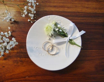 Personalized wedding ring dish, Personalized "ROM" white ceramic ring dish