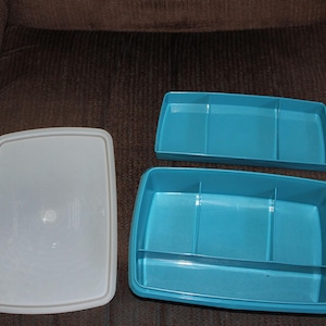 Könnte beinhalten: Eine hellblaue Kunststoff-Lunchbox mit einem durchsichtigen Deckel. Die Lunchbox hat drei Fächer und ist offen, wobei der Deckel und zwei Abschnitte der Box sichtbar sind. Die Lunchbox befindet sich auf einer braunen Oberfläche.