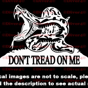 May include: A black and white silhouette of a rattlesnake with its mouth open and fangs showing. The snake is coiled and positioned on top of a grassy mound. The text "DON'T TREAD ON ME" is written below the snake.