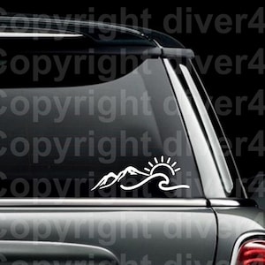 Mountain Sun Ocean Waves Truck Van Window or Bumper Sticker Vinyl Decal
