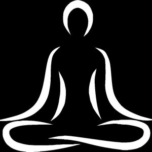 May include: A white silhouette of a person in a seated yoga pose against a black background. The figure has a rounded head and curved arms and legs, suggesting meditation or relaxation. The design is simple and minimalist.