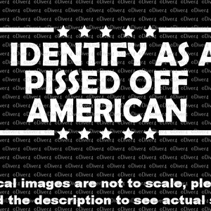 May include: White text on a black background reads "I IDENTIFY AS A PISSED OFF AMERICAN" within a white rectangular border with star accents. The background is filled with the word "Diver4" repeated.