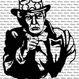 May include: Black and white illustration of Uncle Sam pointing with his right hand and saying "I WANT YOU".