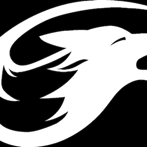 May include: A white silhouette of a wolf howling with its mouth open, set against a black background. The wolf's head is turned to the right, and its tail is curled around its body. The wolf's fur is stylized and appears to be flowing in the wind.