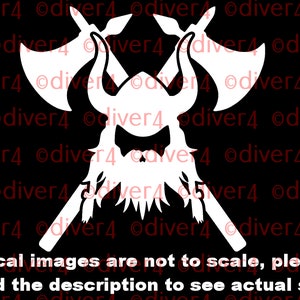 May include: White vinyl decal of a Viking with crossed axes. The Viking has a horned helmet and a long beard. The decal is on a black background.