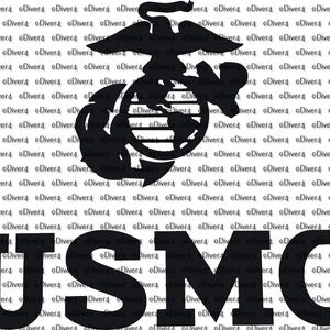 May include: Black and white silhouette of the US Marine Corps emblem with the words "USMC" below. The emblem features a globe with a stylized eagle perched on top.
