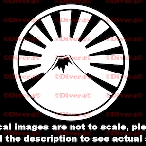 May include: Black and white decal of a stylized mountain with a rising sun behind it. The mountain is a simple design with a peak and a few lines to represent the shape. The sun is a circle with rays radiating out from it. The decal is on a black background.