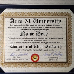 Custom Personalised Deluxe Area 51 University Doctorate of Alien Research Certificate in Padded Binder