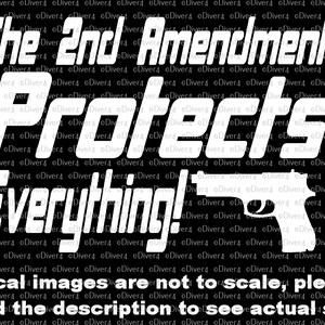 May include: White decal with the text "The 2nd Amendment Protects Everything!" and a silhouette of a handgun. The text "Decal images are not to scale, please read the description to see actual size!" is below the main text.