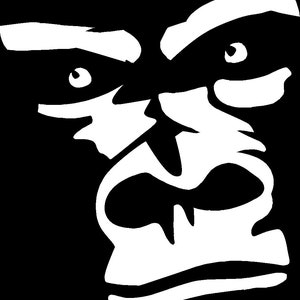 May include: Black and white illustration of a gorilla's face with a furrowed brow and a wide-open mouth.