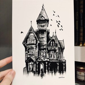 Haunted House A5 Art Print - Spooky, Halloween, Horror, Creepy, Night, Bookish, Ink, Watercolour