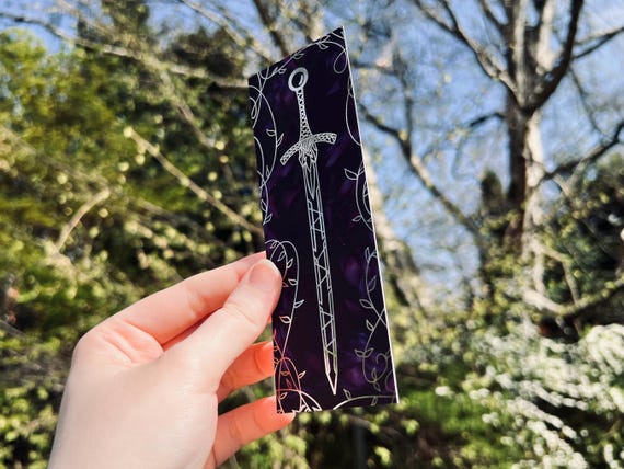 Fantasy Sword Bookmark - Silver Foil and Matte Lamination - Fantasy, Books, Bookworm, Reader, Purple, Flowers