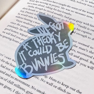 May include: A holographic sticker featuring a grey bunny silhouette with the text "If theory it could be bunnies".