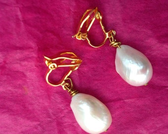 Samamba White Freshwater Pearl Clip-on Earrings with Gold Fastenings***Ethical Handmade Fair-Trade***
