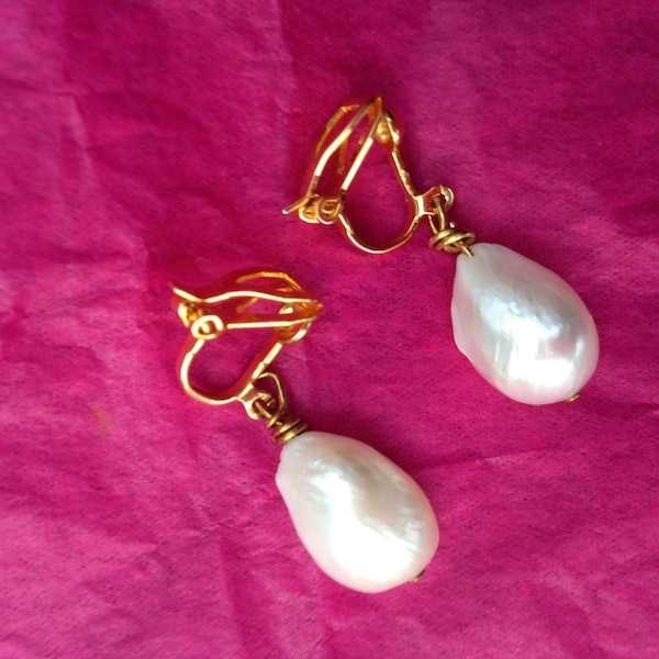 Samamba White Freshwater Pearl Clip-on Earrings with Gold Fastenings***Ethical Handmade Fair-Trade***