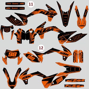 May include: Two sets of motorcycle decal kits in black and orange. Set 11 features the number 888, while set 12 features the number 98. Both kits include various shaped stickers with KTM, Motorex, Akrapovic, WP, and Dunlop branding logos.