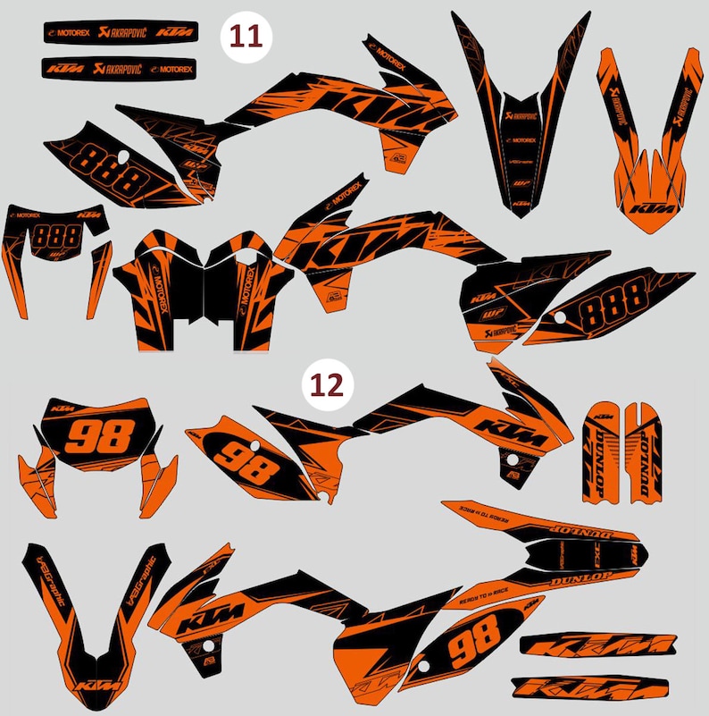 May include: Two sets of motorcycle decal kits in black and orange. Set 11 features the number 888, while set 12 features the number 98. Both kits include various shaped stickers with KTM, Motorex, Akrapovic, WP, and Dunlop branding logos.