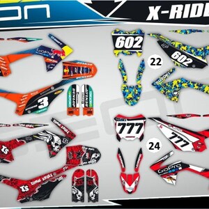 May include: Four different designs of motorcycle graphics kits for a Geon X-Ride 125-150 motorcycle. The kits feature different color schemes and designs, including red, white, blue, black, and yellow. The kits include graphics for the front fender, side panels, and rear fender.