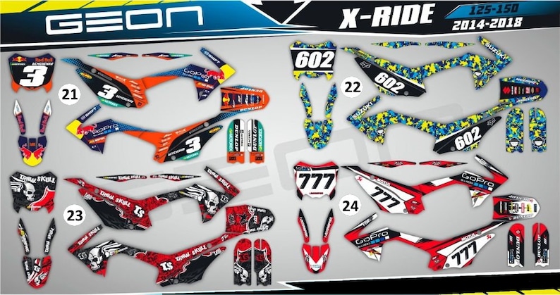 May include: Four different designs of motorcycle graphics kits for a Geon X-Ride 125-150 motorcycle. The kits feature different color schemes and designs, including red, white, blue, black, and yellow. The kits include graphics for the front fender, side panels, and rear fender.