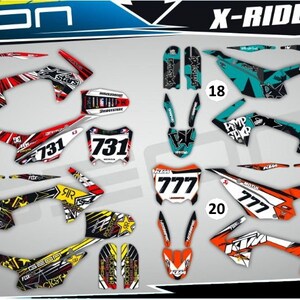May include: Four different graphic designs for motorcycle decals. The designs feature various colors, including red, yellow, black, white, orange, and teal. The designs include numbers like 731 and 777, and text like "Pimp Stars" and "OGKST".