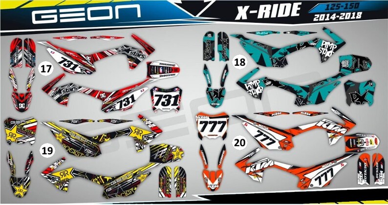 May include: Four different graphic designs for motorcycle decals. The designs feature various colors, including red, yellow, black, white, orange, and teal. The designs include numbers like 731 and 777, and text like "Pimp Stars" and "OGKST".