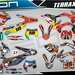 May include: A set of motorcycle graphics decals for a GEON Terrax 250, 2015-2017 model. The decals feature various designs, including a skull, a number 18, and a number 12.