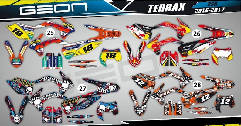 May include: A set of motorcycle graphics decals for a GEON Terrax 250, 2015-2017 model. The decals feature various designs, including a skull, a number 18, and a number 12.
