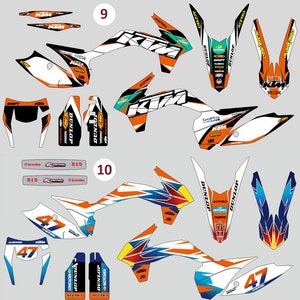 May include: Two sets of motorcycle decal kits labeled 9 and 10. Set 9 features white, orange, and black KTM branding with various sponsor logos. Set 10 includes white, orange, blue, and yellow graphics with the number 47, KTM branding, and sponsor logos.