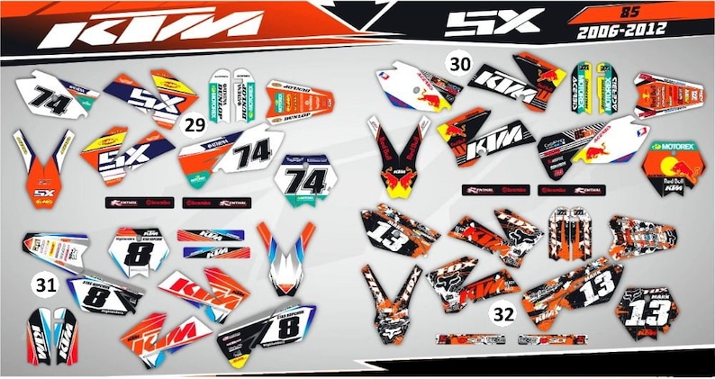May include: A set of motocross graphics decals for a KTM SX 85 motorcycle. The decals are in various colors, including orange, white, black, and blue. The decals feature the KTM logo, the number 74, and the text "SX".