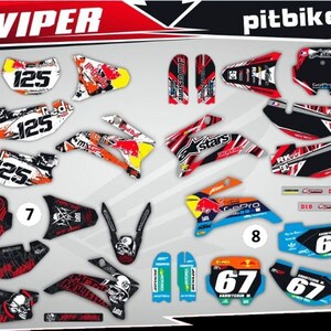 May include: A set of 8 different pit bike graphics kits for 125-150cc motorcycles. The kits feature various designs, including red bull, skull, and stars. The kits are labeled with numbers 5, 6, 7, and 8.