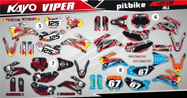 May include: A set of 8 different pit bike graphics kits for 125-150cc motorcycles. The kits feature various designs, including red bull, skull, and stars. The kits are labeled with numbers 5, 6, 7, and 8.