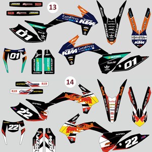 May include: A collection of motorcycle decal sets labeled 13 and 14, featuring KTM branding, race numbers 01 and 22, and various sponsor logos including GoPro, Red Bull, Dunlop, and Renthal in black, white, orange, blue, and yellow color schemes.